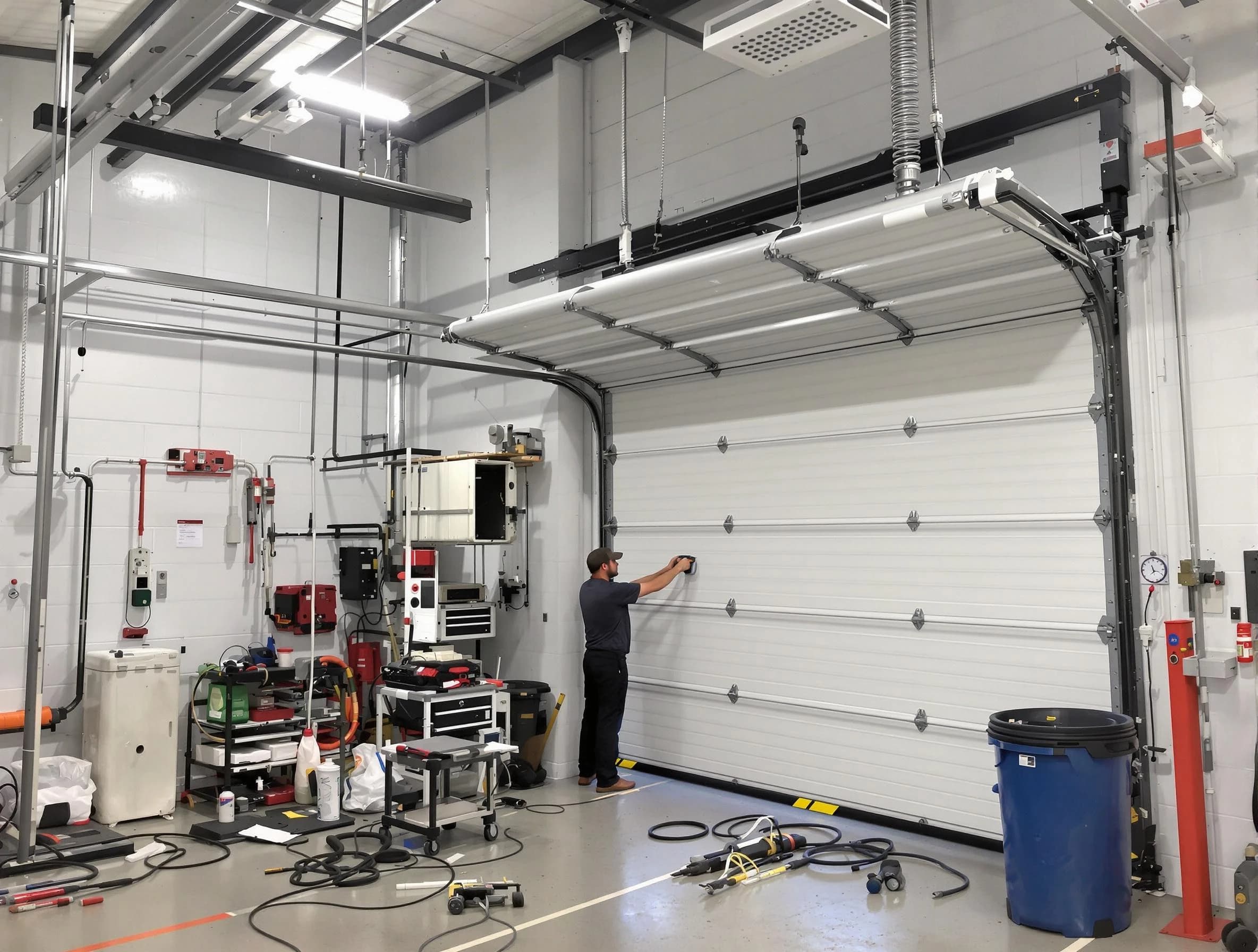 Paradise Hills Garage Door Repair certified technician performing commercial door repair at a Paradise Hills business facility