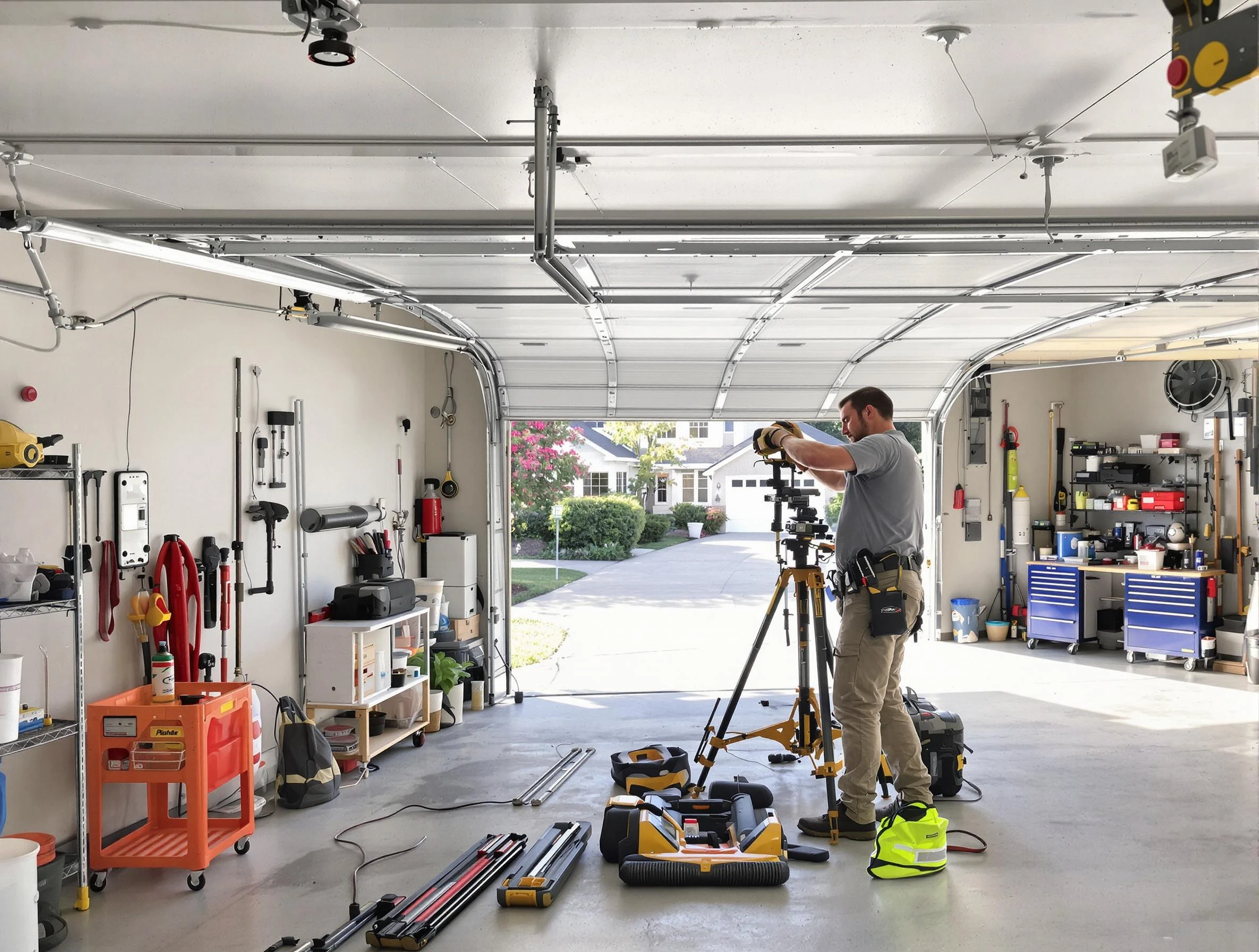 Paradise Hills Garage Door Repair specialist performing laser-guided track alignment in Paradise Hills